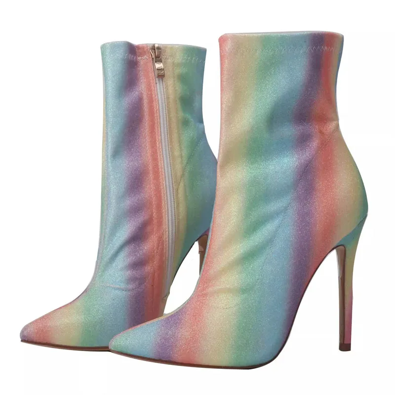 

Sexy High Heel Bling Rainbow Lycra Sock Boots Pointed Toe Zipper Side Stretch Colorful Ankle Boots Party Shoes for Woman