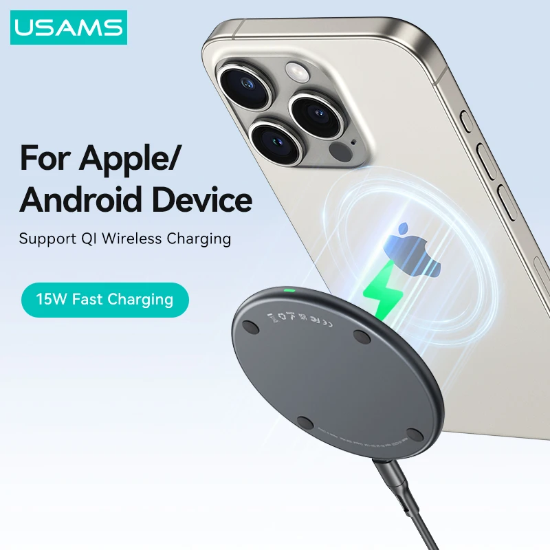 USAMS 15W Fast Wireless Charger for iPhone 15 14 Samsung Xiaomi Qi Wireless Charging Pad Induction Charger For Airpods Earphone