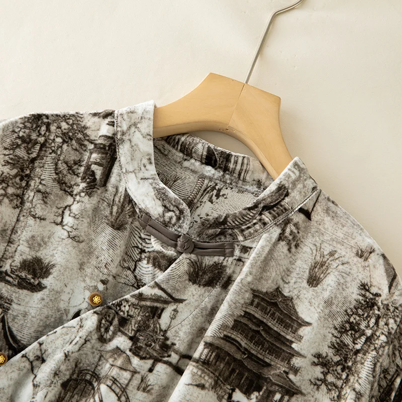 Winsleter-Bottom Elegantes Samthemd aus 100 % Seide, Damen-Stand-Kurzarm-Druck, Retro-Pendelbluse, Herbstneuheit 2025, T58237CC