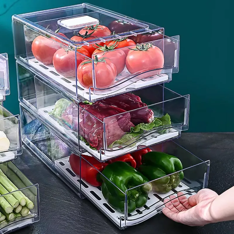 Kitchen Transparent Plastic Fridge Organizer for Vegetable Food zer Drawer Stackable Refrigerator Storage Box Bin