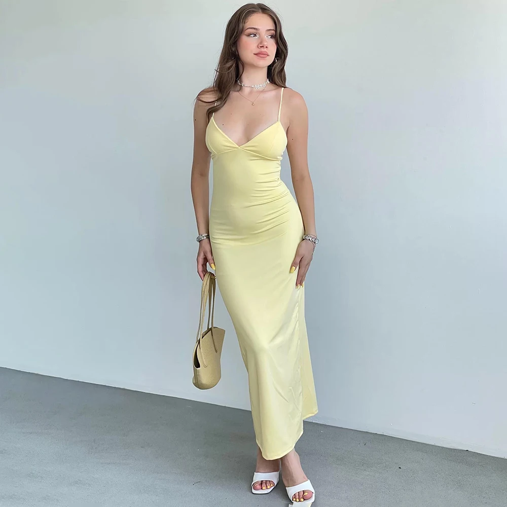 

Ticketsx V-Neck Yellow Knit Dress Women's Sexy Backless Sleeveless Summer Sling Dress Female Party Club Elegant Y2k Slim Dresses