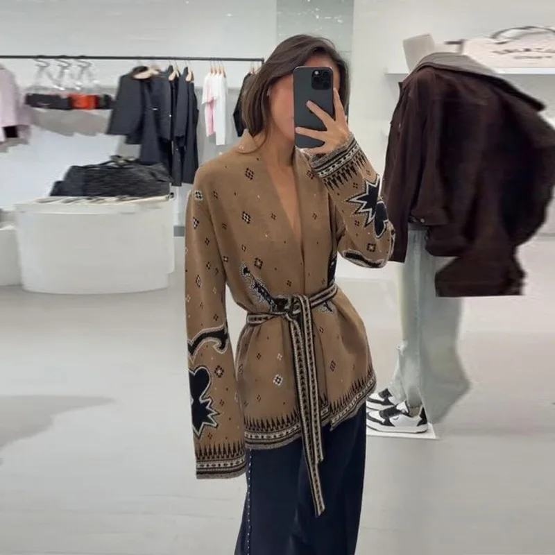 المألوف الرجعية المطبوعة سترة مشغولة من الصوف الدانتيل يصل العصرية مصمم الإناث أنيقة أعلى أنيق أنيق المرأة الخريف الشارع ارتداء #4