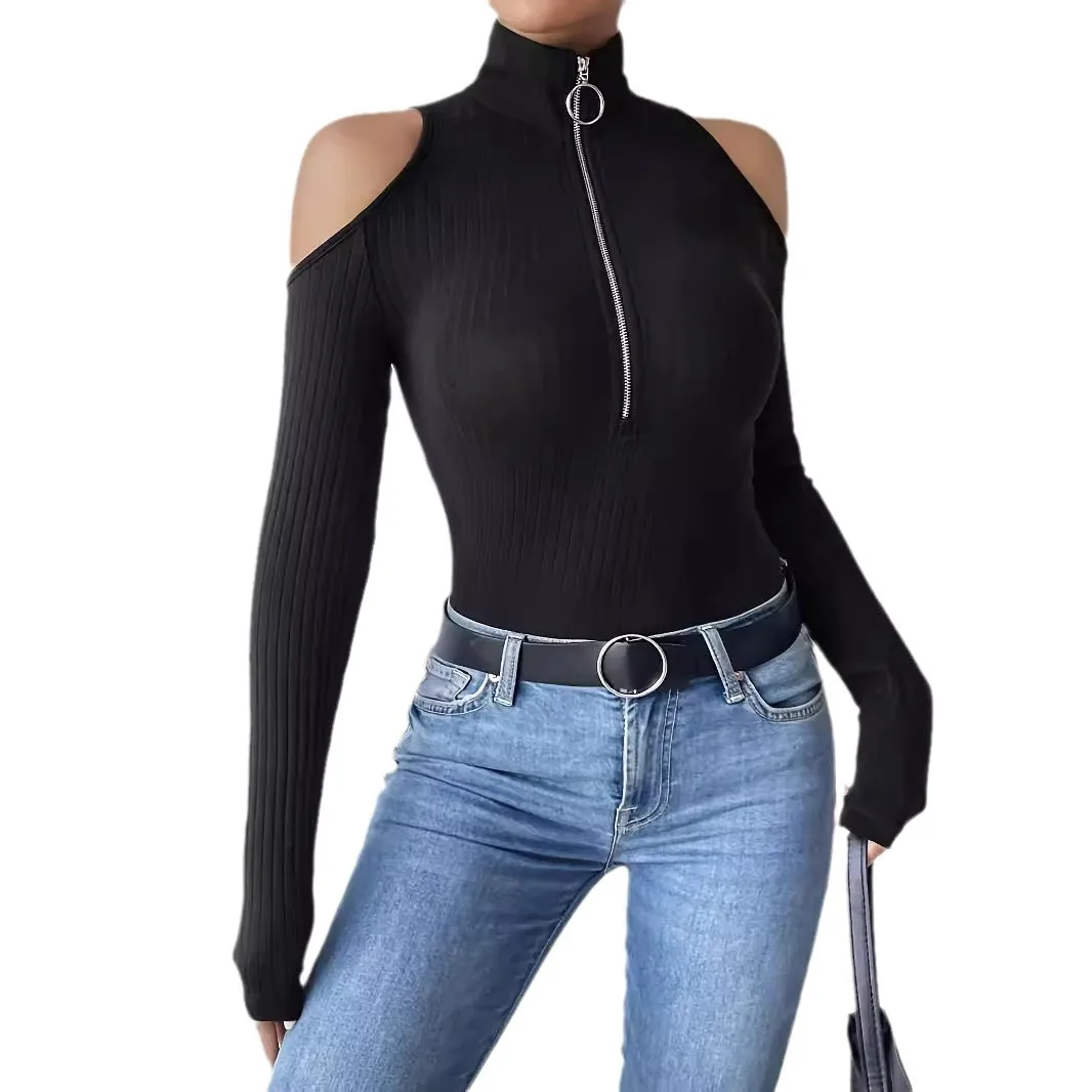 2025 Elegant Solid Color Pit Strip Free Zipper Stand-up Collar Off-the-shoulder Long-sleeved T-shirt Slim Women's Top Cw54149