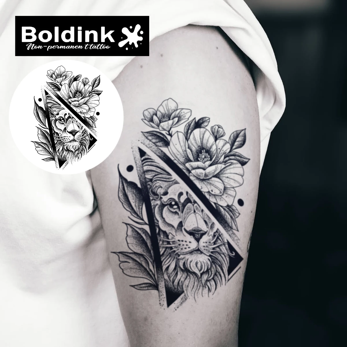 Boldink Non-Permanent Tattoo Technology: Lion-Inspired Design in the Mirror, Illustration, Wind Tattoo Waterproof for 1-2 Weeks.