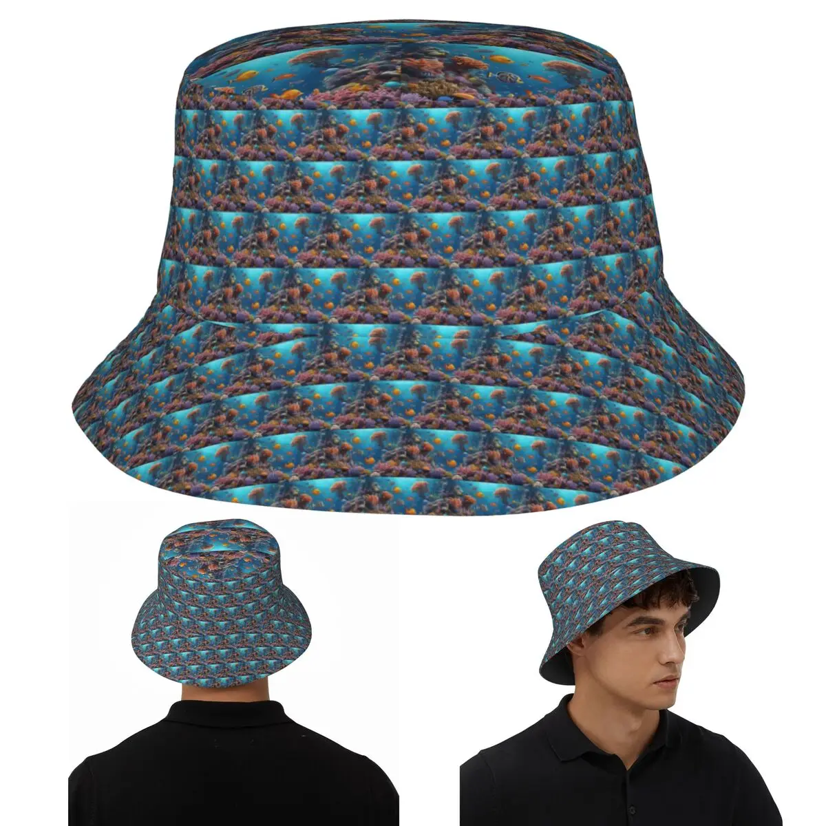 العالم تحت الماء مع المرجان الشعاب المرجانية والقبعات دلو الأسماك الاستوائية بنما للأطفال بوب صياد القبعات لصيد الأسماك للجنسين
