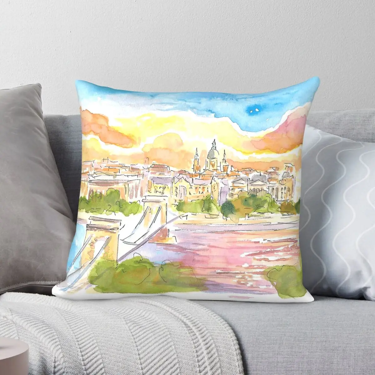 Budapest Hungary Elisabeth Bridge Square Pillowcase Polyester Linen Velvet Pattern Zip Decor Home Cushion Cover 45x45