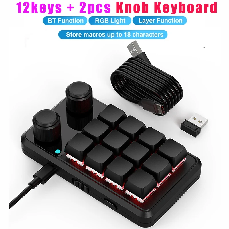 2 Knob 2.4G Bluetooth Keyboard RGB Programming Macro Custom 12 Key Copy Paste Button Gaming Keypad Mechanical Hotswap Macropad