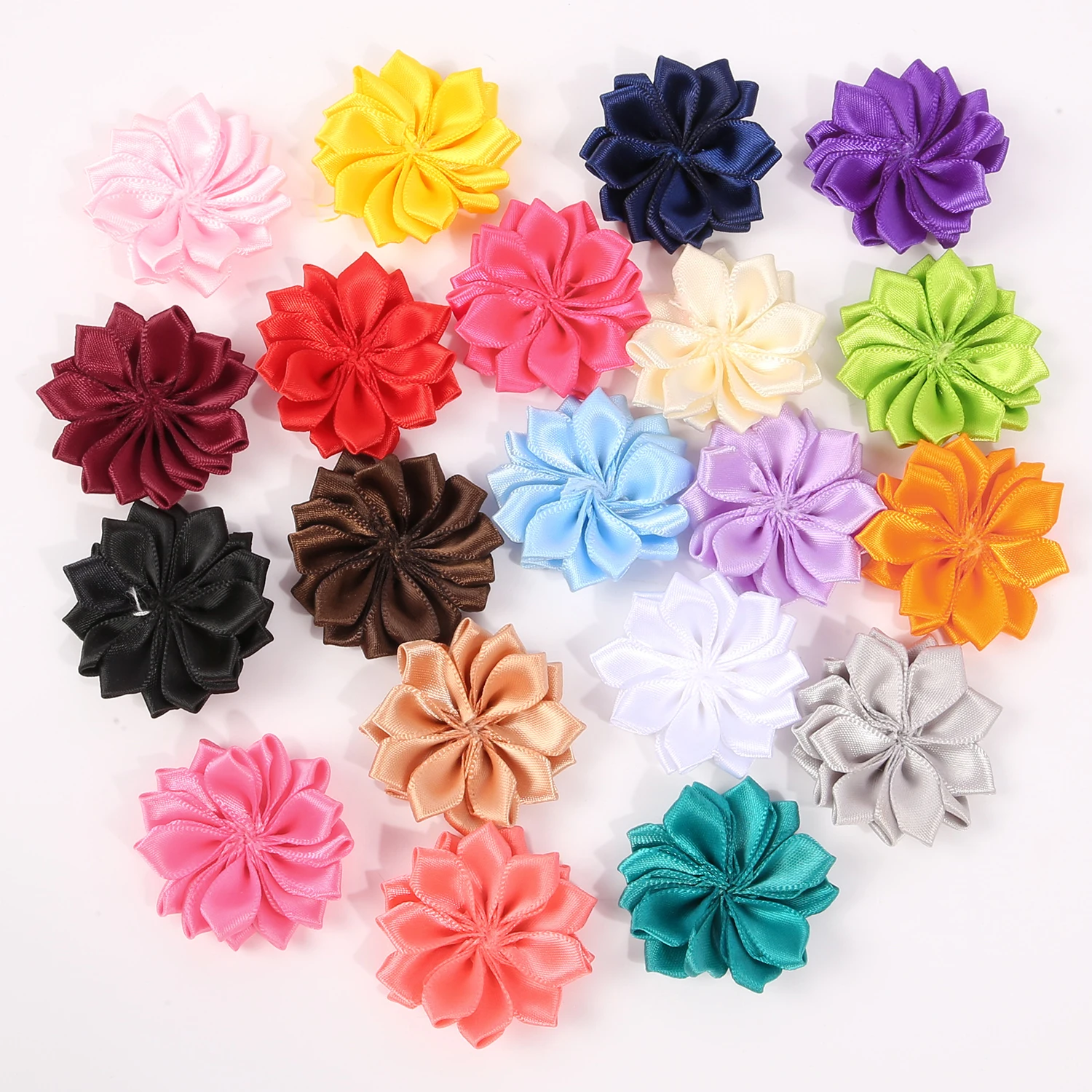 

30 шт., атласные однотонные многоугольные цветы, материал для DIY, зажимы для одежды, сумки, обуви, шляпы, декора, аксессуары