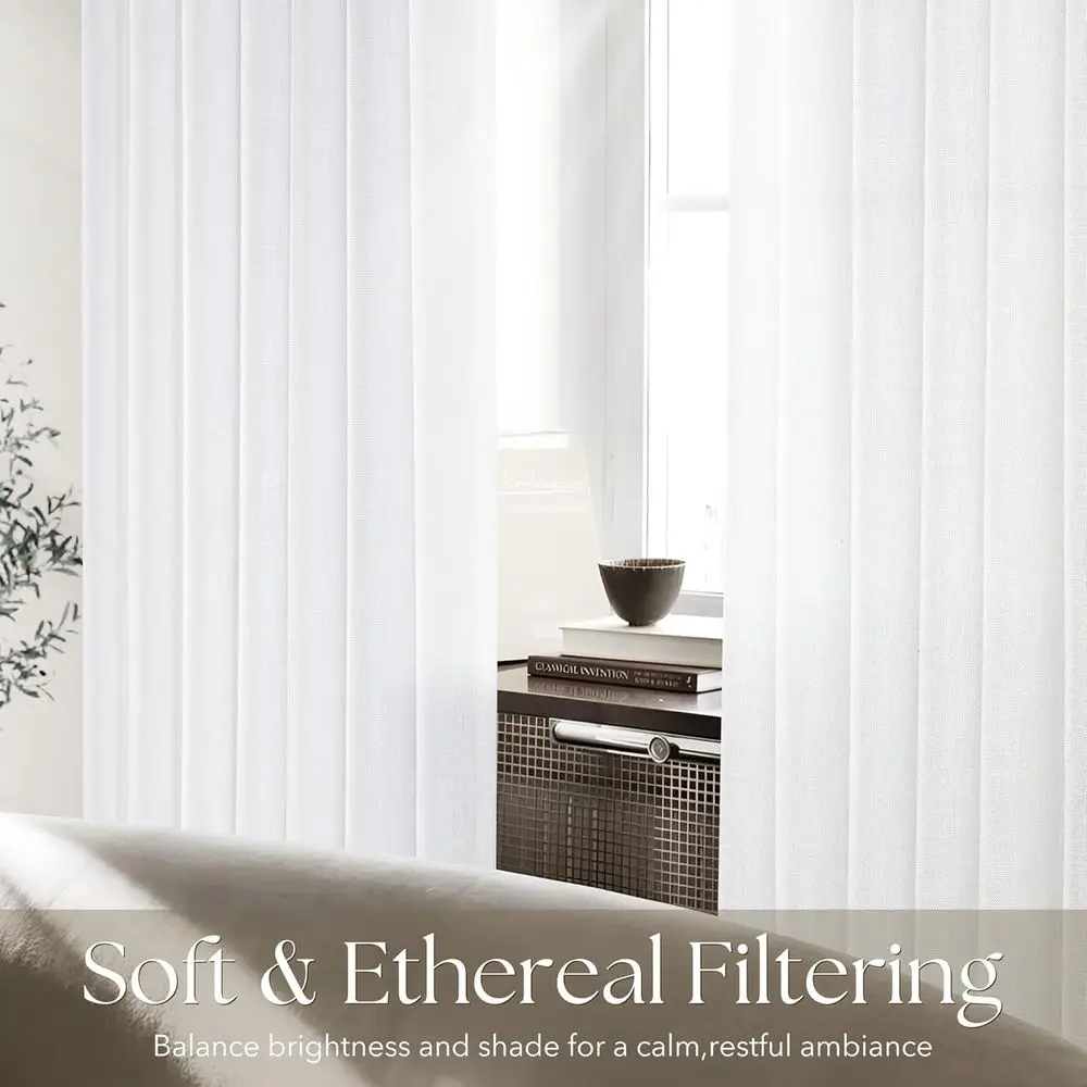 빛을 투과시키는 흰색 린넨 핀치 플리츠 커튼, 72인치 길이, 현대적인 해안풍 침실 장식을 위한 반투명 커튼