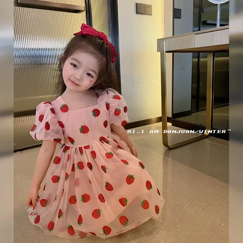 Summer Floral Girls Dresses Strawberry Short Sleeved Children's Clothing O-Neck Party Princess Dresses Vestidos kids clothes