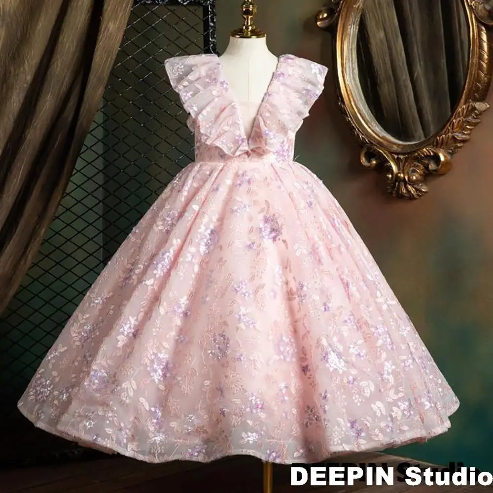 

Flower Pink Girls Dresses Children's Wedding Bridemaid Dresses Kids Princess Prom Gown Teenage Girl Performance Boutique Clothes