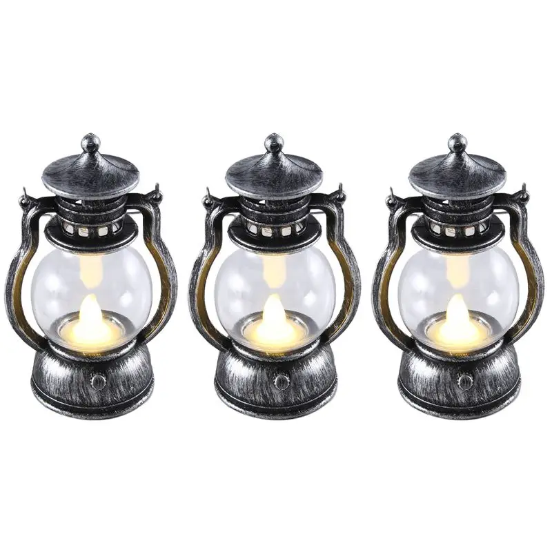 12 Pcs Mini Lantern Decorative With LED Candle Hanging Candle Lanterns Battery Silver