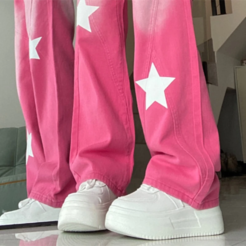 Calça jeans vintage feminina com cordão, jeans largos rosa, estilo americano, estampado de estrelas, calça de cintura alta, Y2k