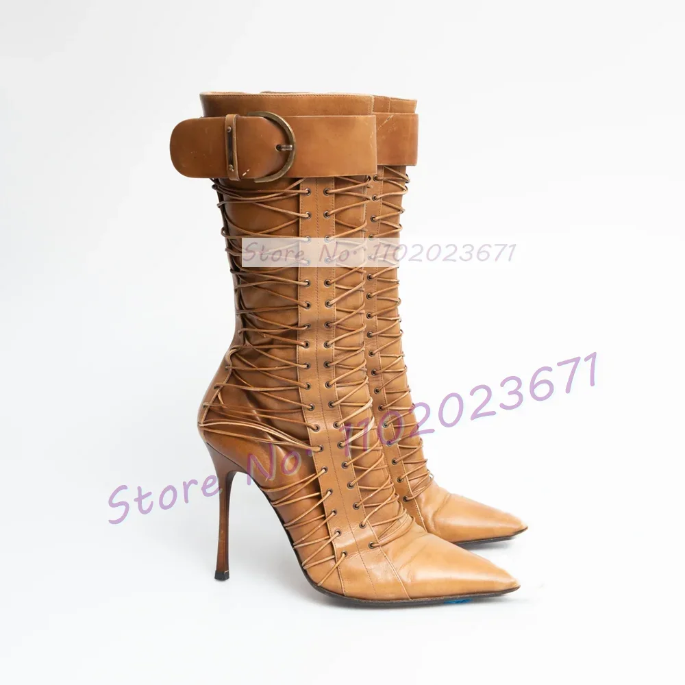 Tan Leather Pointed Toe Mid Boots With Lace Up Detail Women Trendy Belt Buckle Strap Cool Shoes Girl\'s Cross Tied Tall Boots
