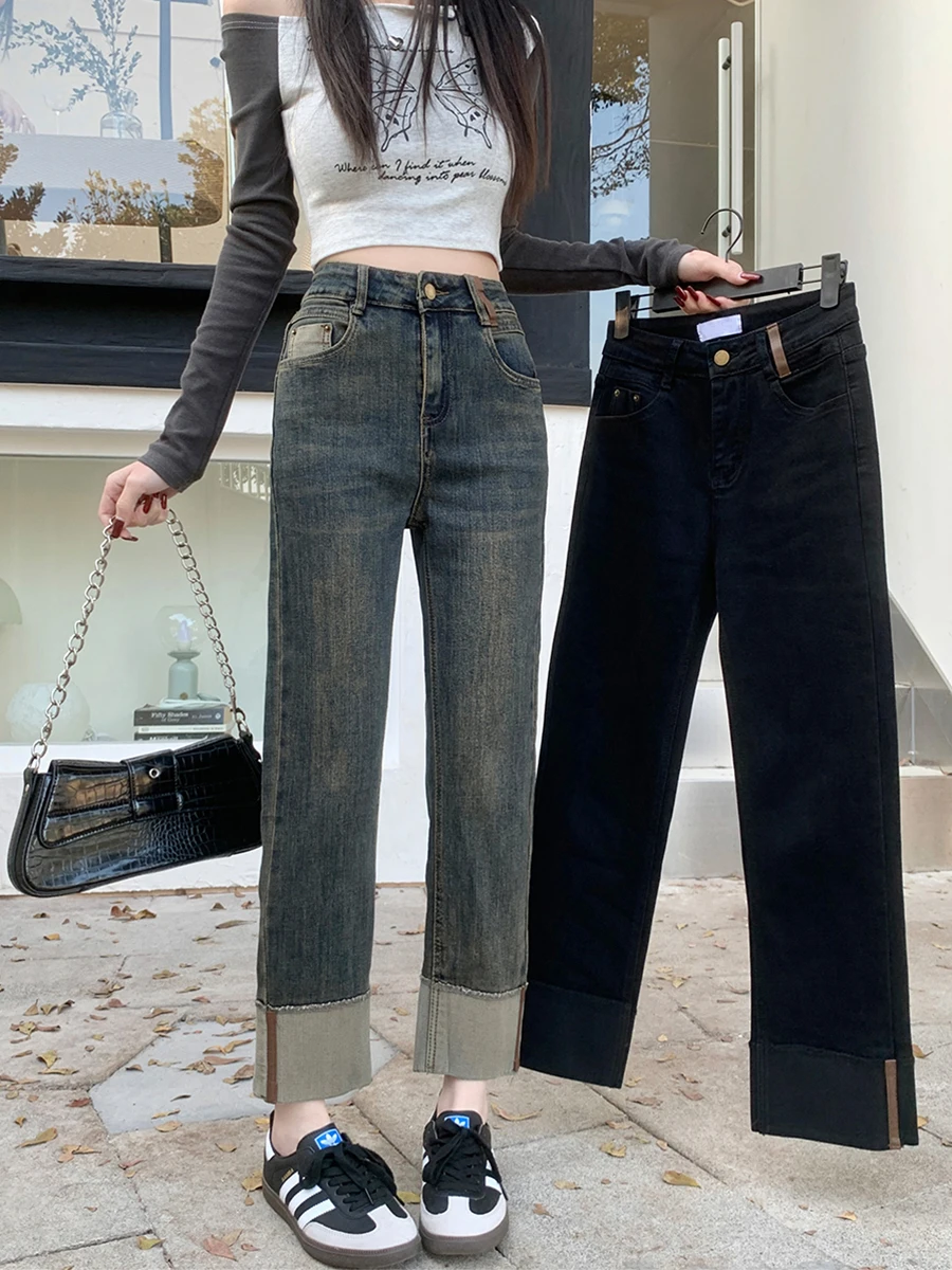 

High Waist Elastic Black Jeans Women's plus Size Spring Slimming Loose Short Straight Tube Pants Cotton Stretch Denim