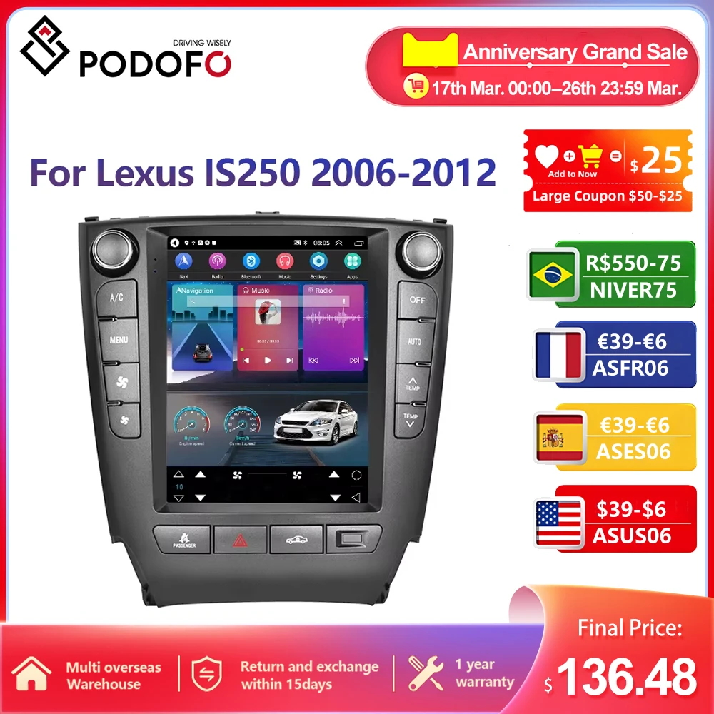 Podofo Per Lexus IS250 2006-2012 Autoradio Multimedia Video Player Navigazione stereo GPS Android No 2din 2 din dvd