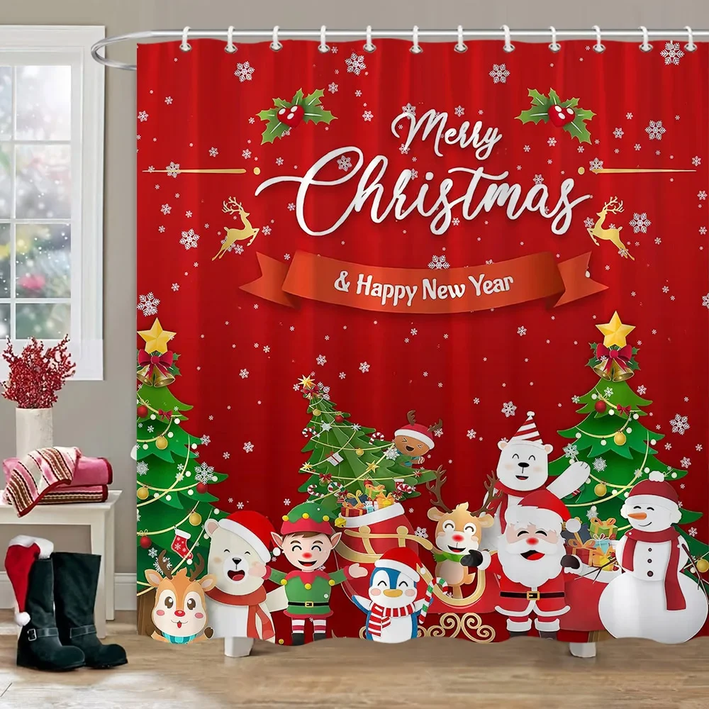 Merry Christmas Bathroom Curtains Snowman Christmas Tree Gift Red Truck Polyester Fabric Washable Shower Curtain Bathroom Decor