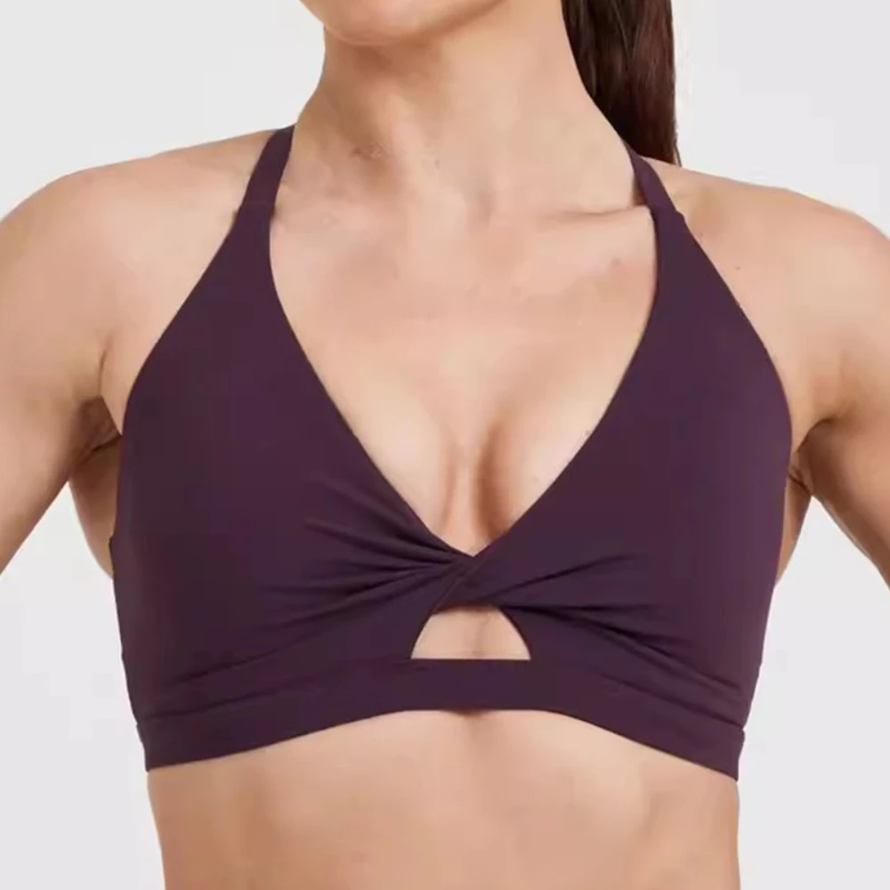 

Gym Sports Bra Women's Chest Twist Deep V Hollow Fitness Vest Yoga Beauty Back Cross Sportswear Peek-a-boo Top Bra with Pads