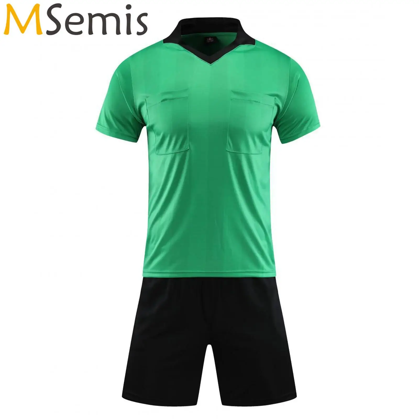 Mens Soccer Referee Uniform Set Football Wear Jersey Suit Short Sleeve Striped Training T-shirt with Drawstring Waistband Shorts