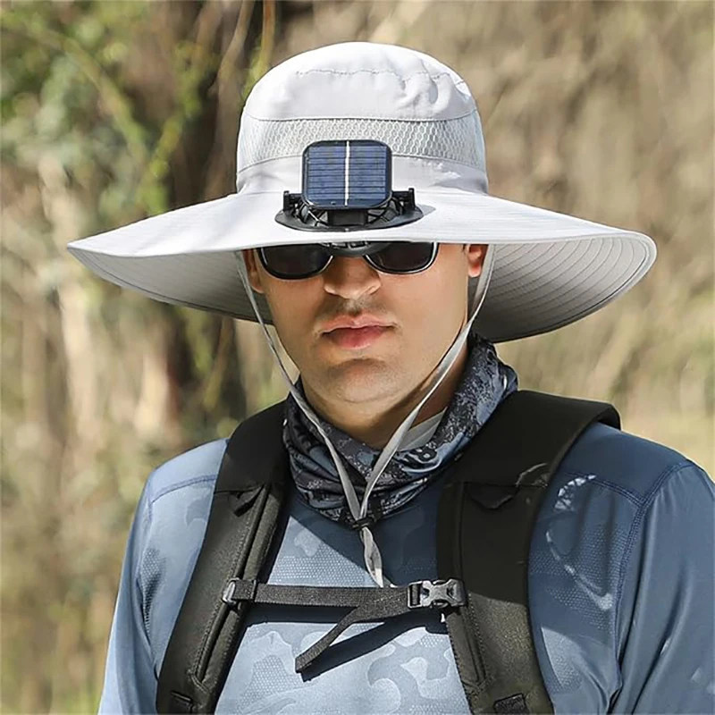 Wide Brim Solar Fan Outdoor Fishing Hat-Solar & USB Charging, Sunscreen Sun Hat with Fan, Solar Fan Hat UPF50+ with 1 Fan