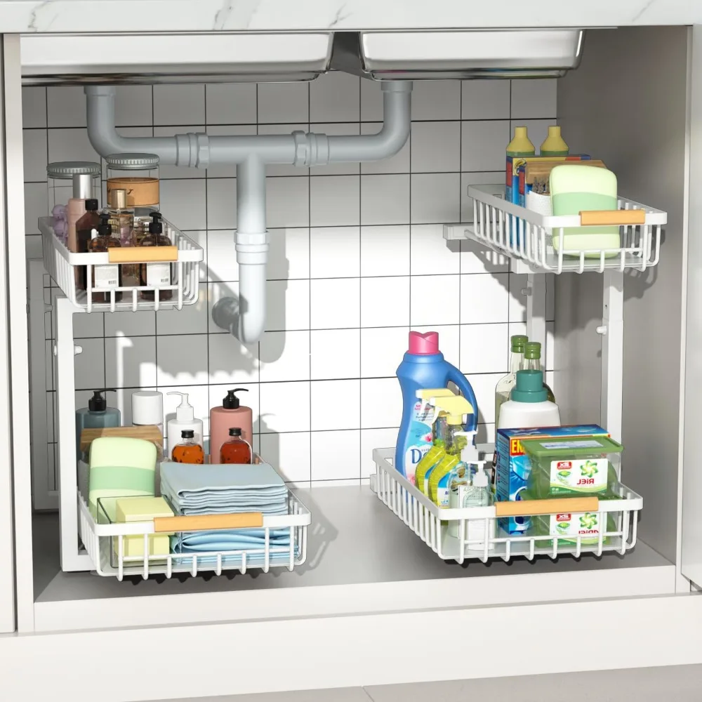 

Under Sink Organizer Set 2 Pack Adjustable Height Metal Pull Out Storage Shelf with Sliding Drawer White