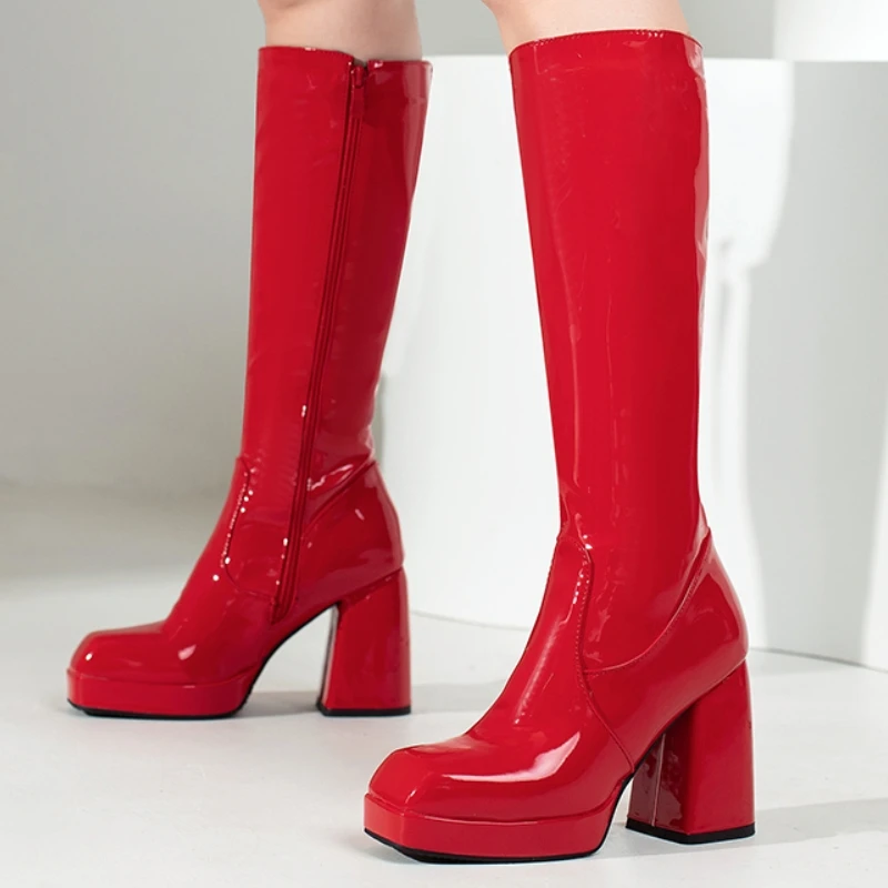 Black White Red Knee High Boots Women Platform Winter Autumn Shoes Ladies Sexy Patent Women's Long Shoes Boot Large Size 45