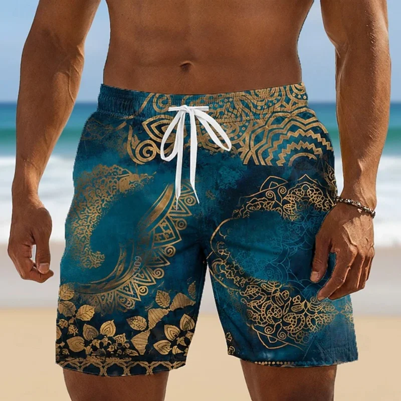 Men's Colorblock Geometric Ethnic Print Beach Pants Quick-Dry Elastic Drawstring Swim Shorts Summer Surf Shorts for Men