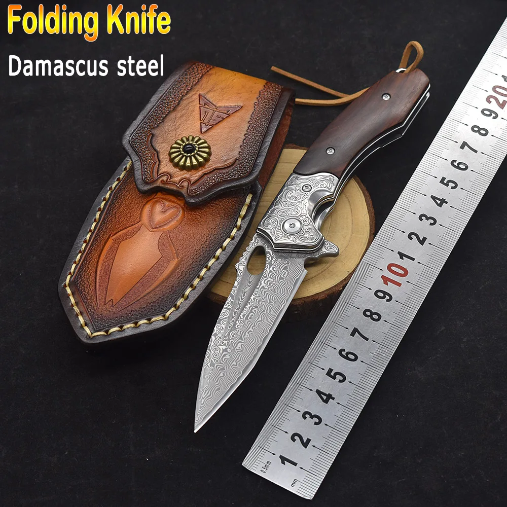 

Damascus Steel Rosewood steel Handle Ball Bearing Folding Knife Survival Hunting Outdoor Military Knife Leather Sheath Collect