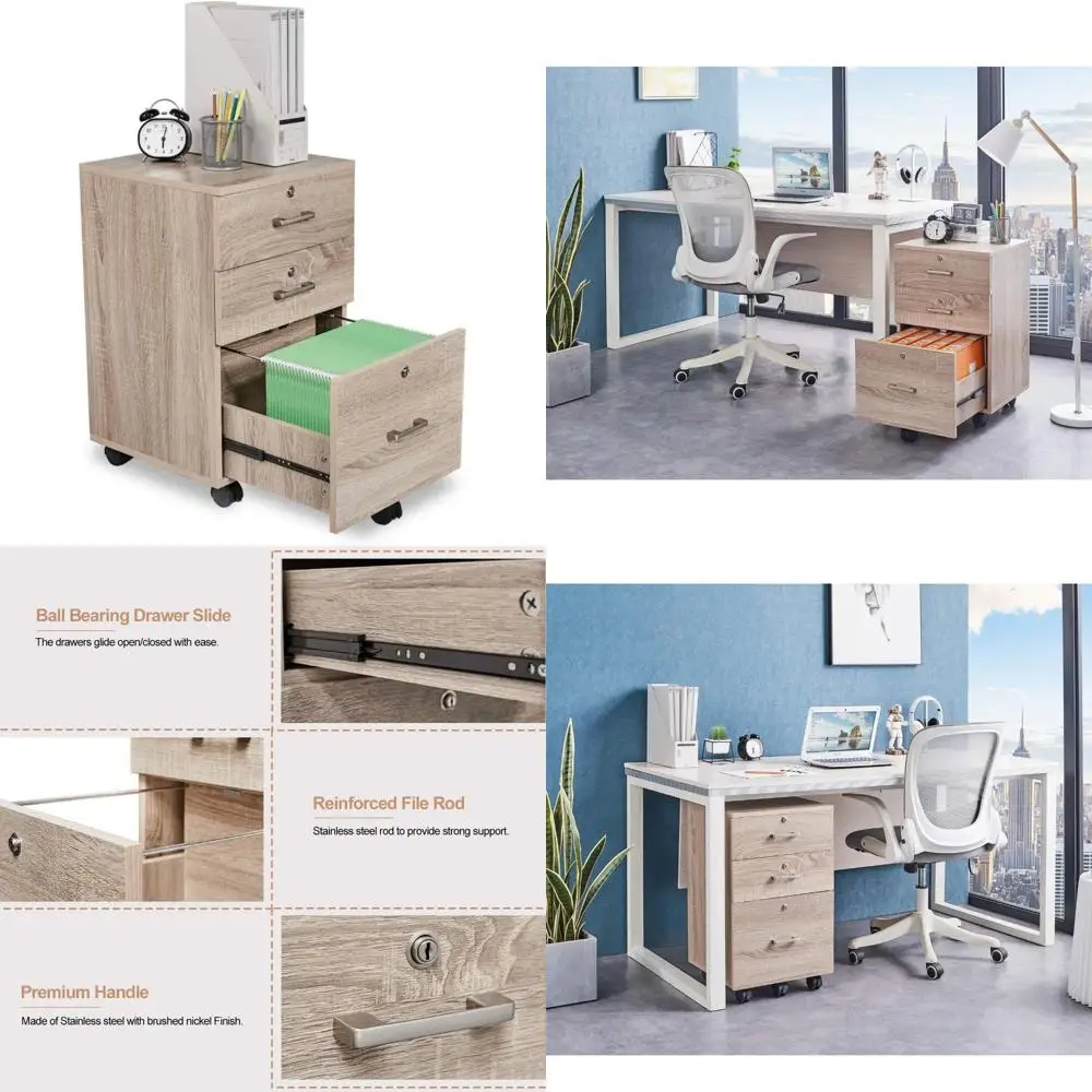 3-Drawer Rolling Lockable File Cabinet, Mobile Wooden Storage for Home Office Desk, Secure Filing Solution