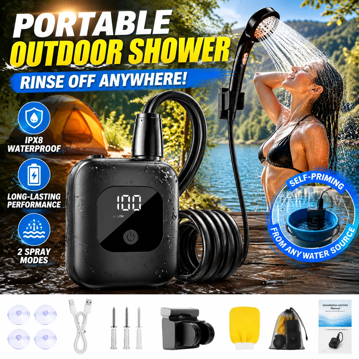 Camping Cooking Accessories - Elektrische Außendusche IPX8 Wasserdicht Selbstansaugende Wasserpumpe