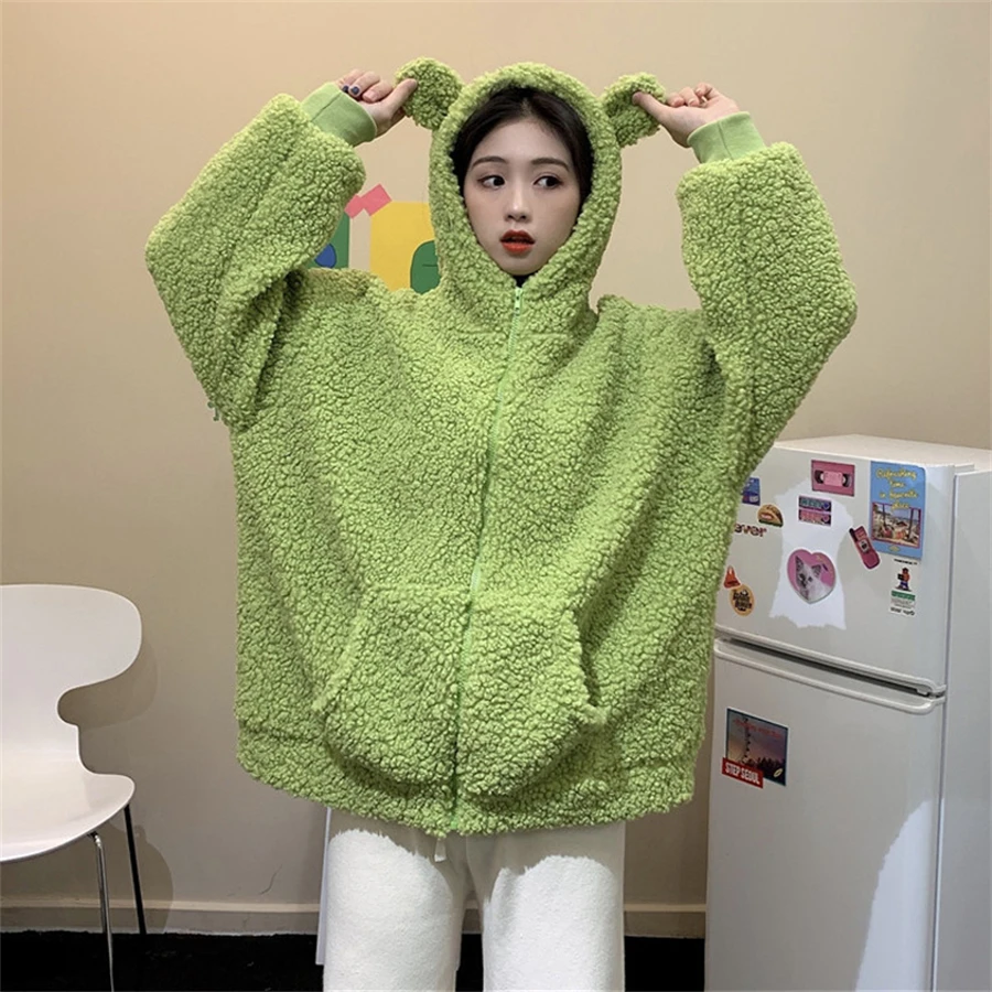 

2024 Autumn And Winter New Loose And Cute Hooded Sweater With Lamb Wool Plush Student Long Sleeve Zipper Sweater For Women
