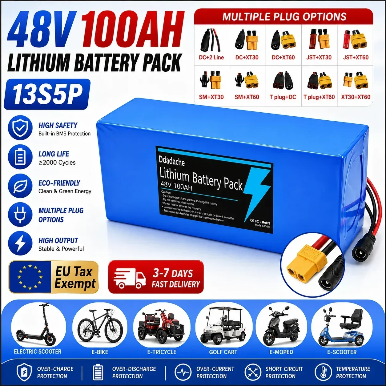 Batterie lithium 100Ah 48V 100% neuve 13S5P 18650, pack de batteries rechargeables avec BMS intelligent intégré pour machines électriques 1500W