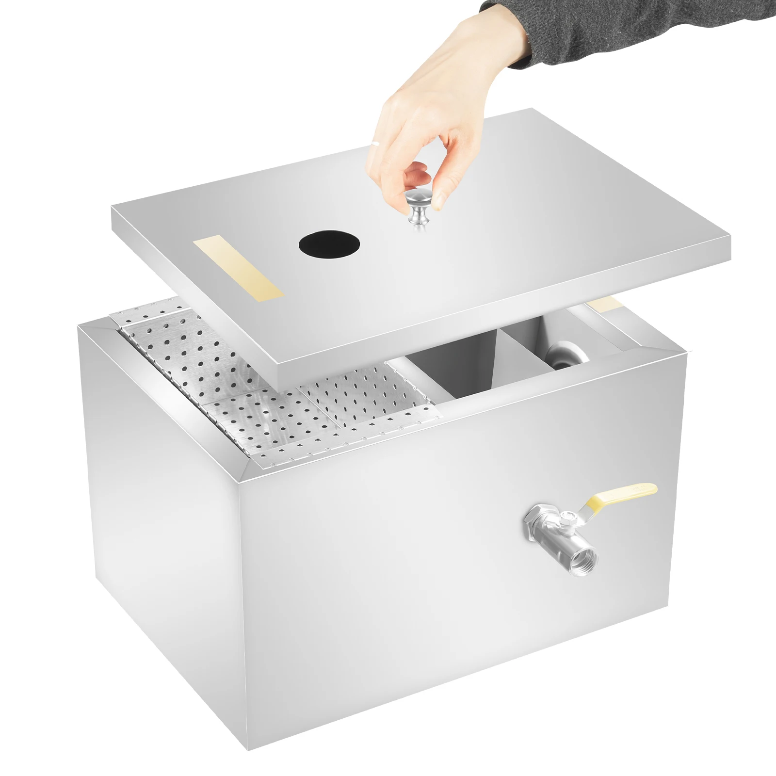 

Жироуловитель емкостью 18-20 л, 4-ступенчатая фильтрация, нержавеющая сталь, герметичная конструкция с автоматическим отключением, подходит для кухонь, ресторанов