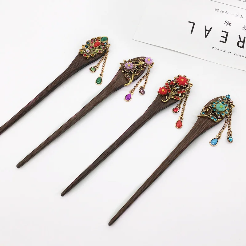 wooden hairpins Exotic amorous feelings hair disk Inlaid rhinestone peacock flowers female buyao hairpin hairdress wholesale 6pc