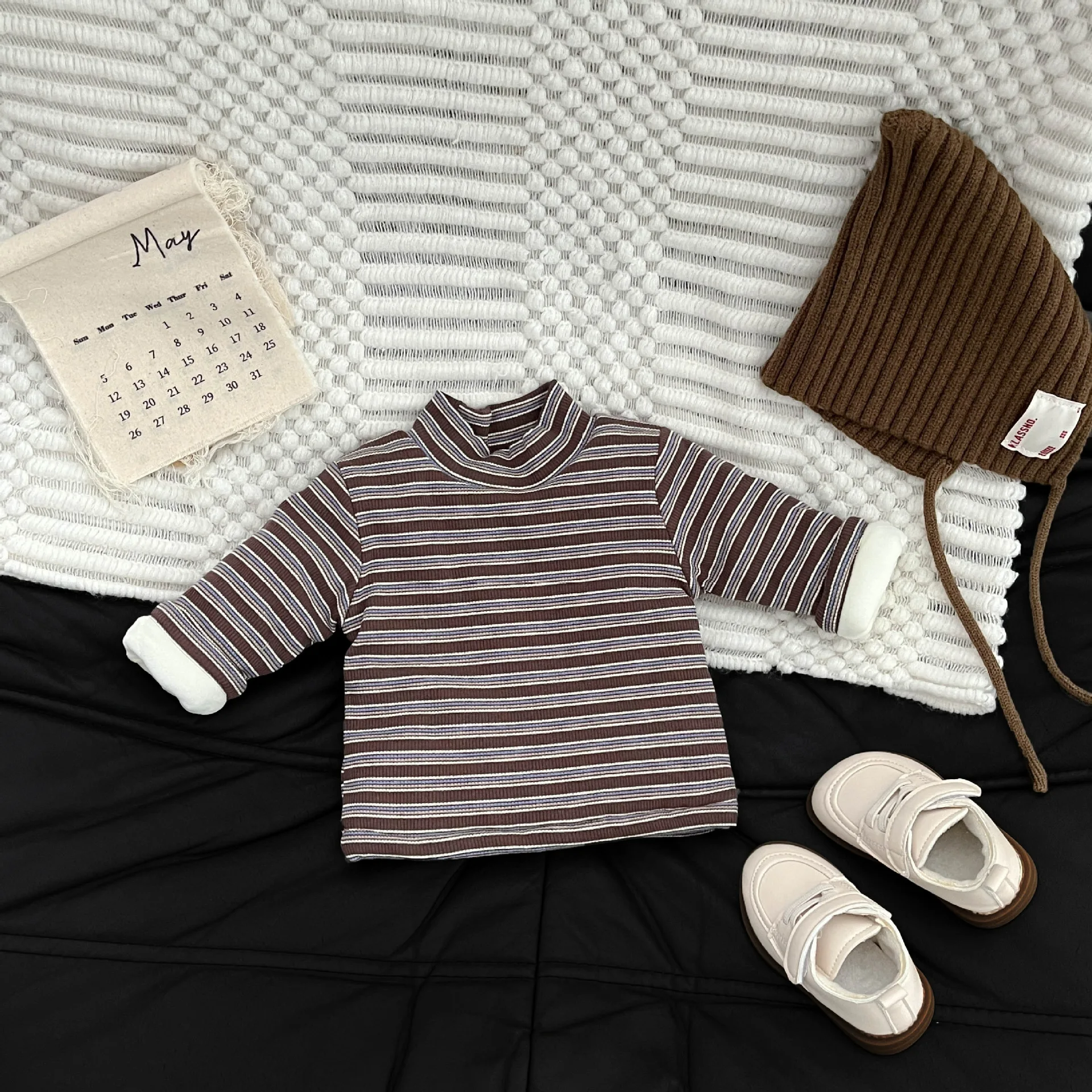 بلوزة أطفال للخريف والشتاء مع قاعدة مخملية مضافة وقطن، طبقة داخلية أنيقة مخططة وسميكة وأكمام طويلة #5