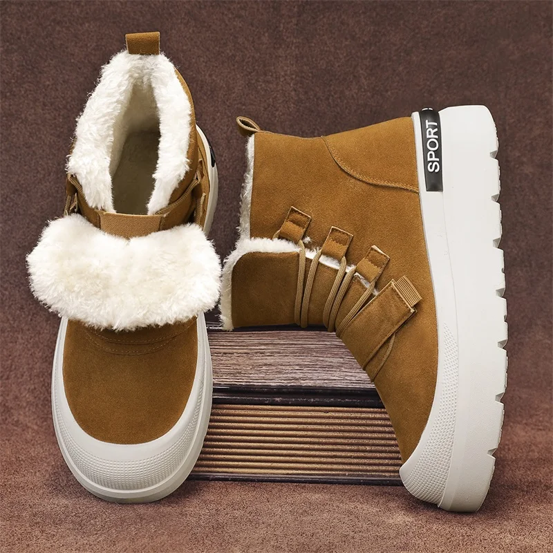 

Winter Men Shoes Warm Fur Snow Boots Waterproof Suede Furry Leather Ankle Retro Boots Male Fluffy Plush Shoes Outdoor Footwear