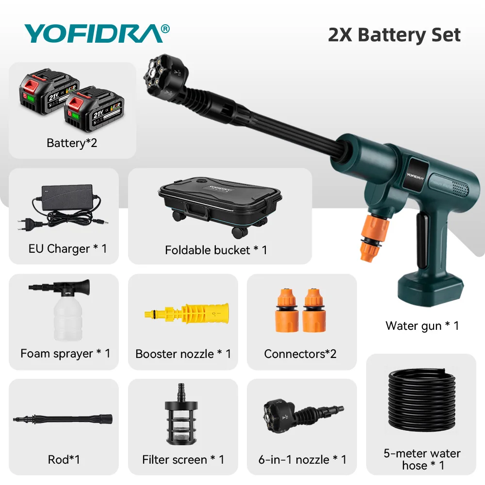 YOFIDRA 200Bar Borstelloze Elektrische Hogedruk Water Spuitpistool 3500W 6IN1 Auto Schone Wasmachine Tuin Gereedschap Voor Makita batterij Pin
