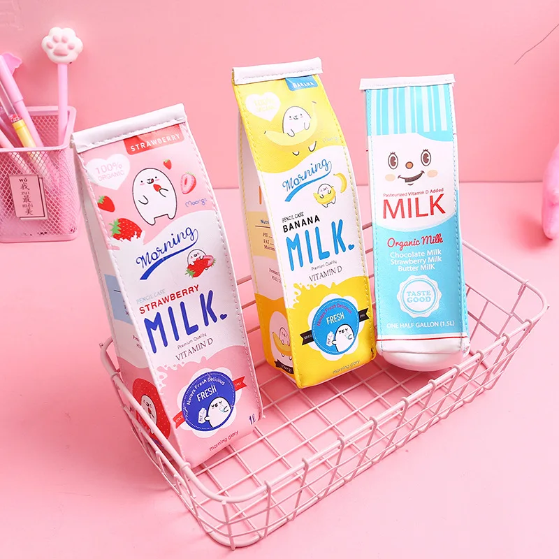 Creative Cartoon Morning Milk PU Leather Pencil Case High-capacity Cute Milk Shape Unusual Pencil Cases Waterproof Storage Bag