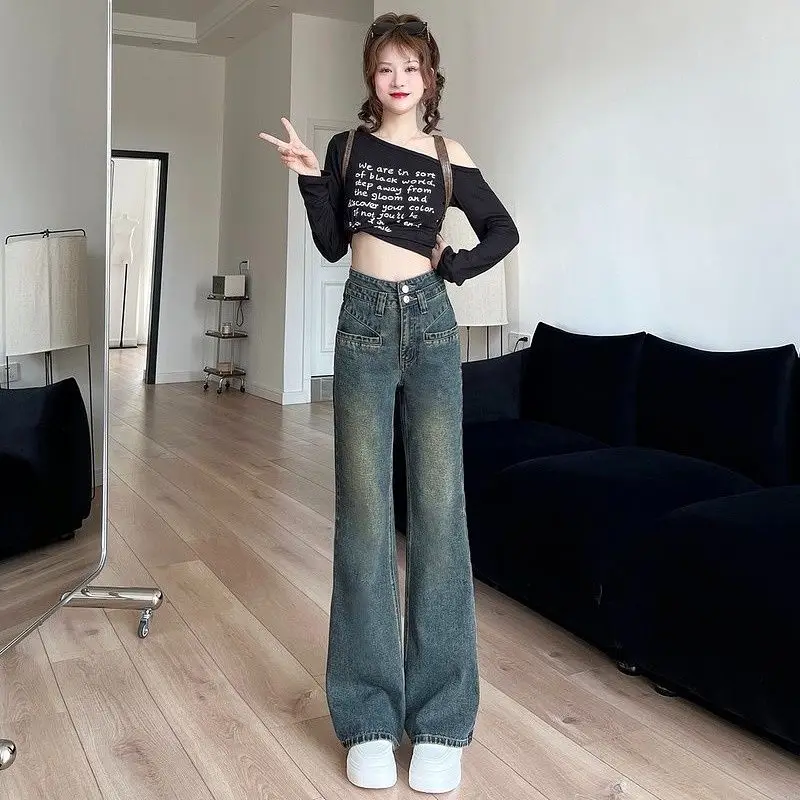 

Thiened Fce High Waist Draped Straight Leg Jeans Women's Small Size Autumn Winter Wide Leg Pants Pear Body ape
