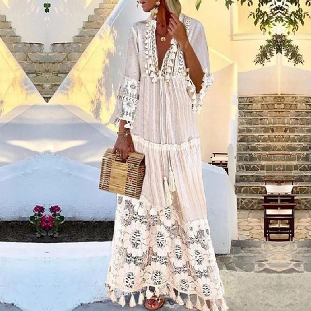 2022 Fall Solid Hollow Out V-Neck Lace Sexy Dresses Bohemian Style big size Dress Vestidos Tassel Sexy Boho Long Dress Women