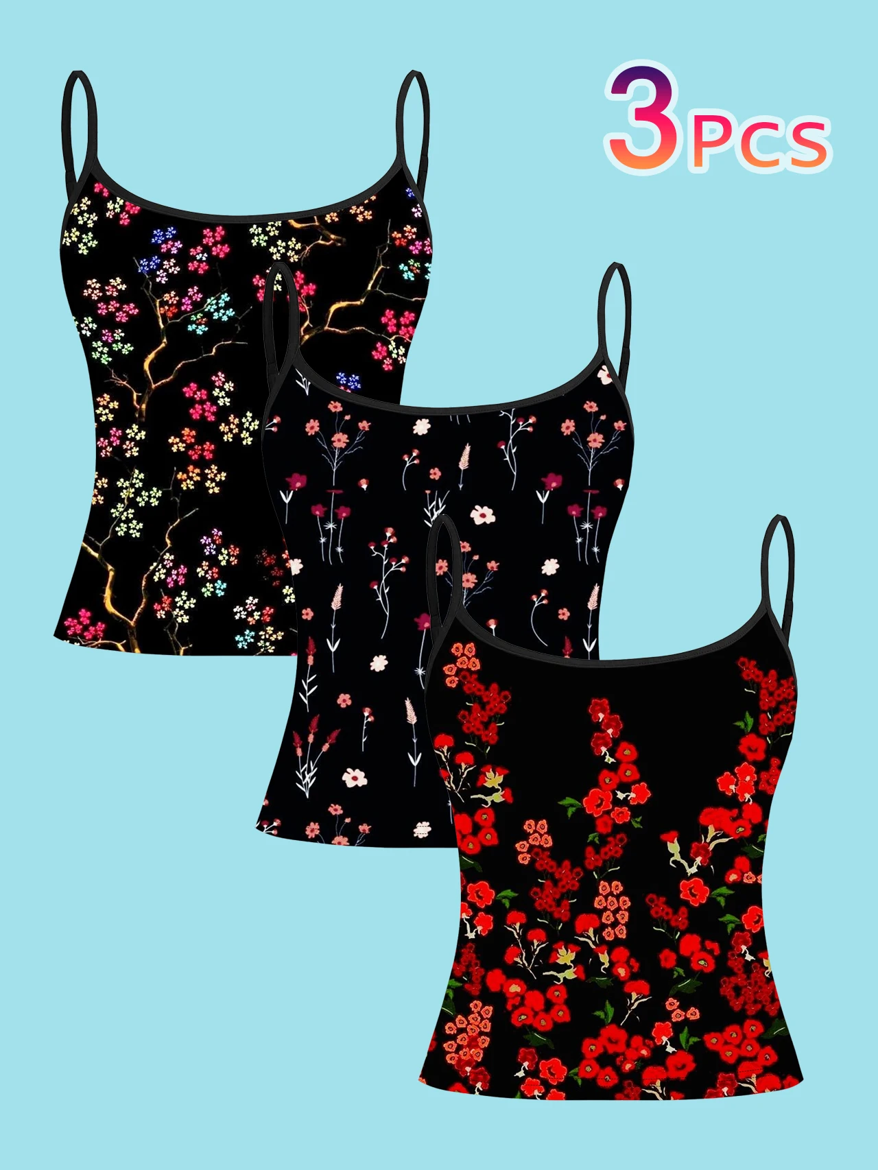 3-Piece Set: Black Base with Colorful Cherry Blossom Branch Floral Print Thin Camisole, Pink and White Wildflower Red Small Floral Slim-Fit Sleeveless Top, Fresh Retro Dark Floral Inner and Outer Wear Base Shirt