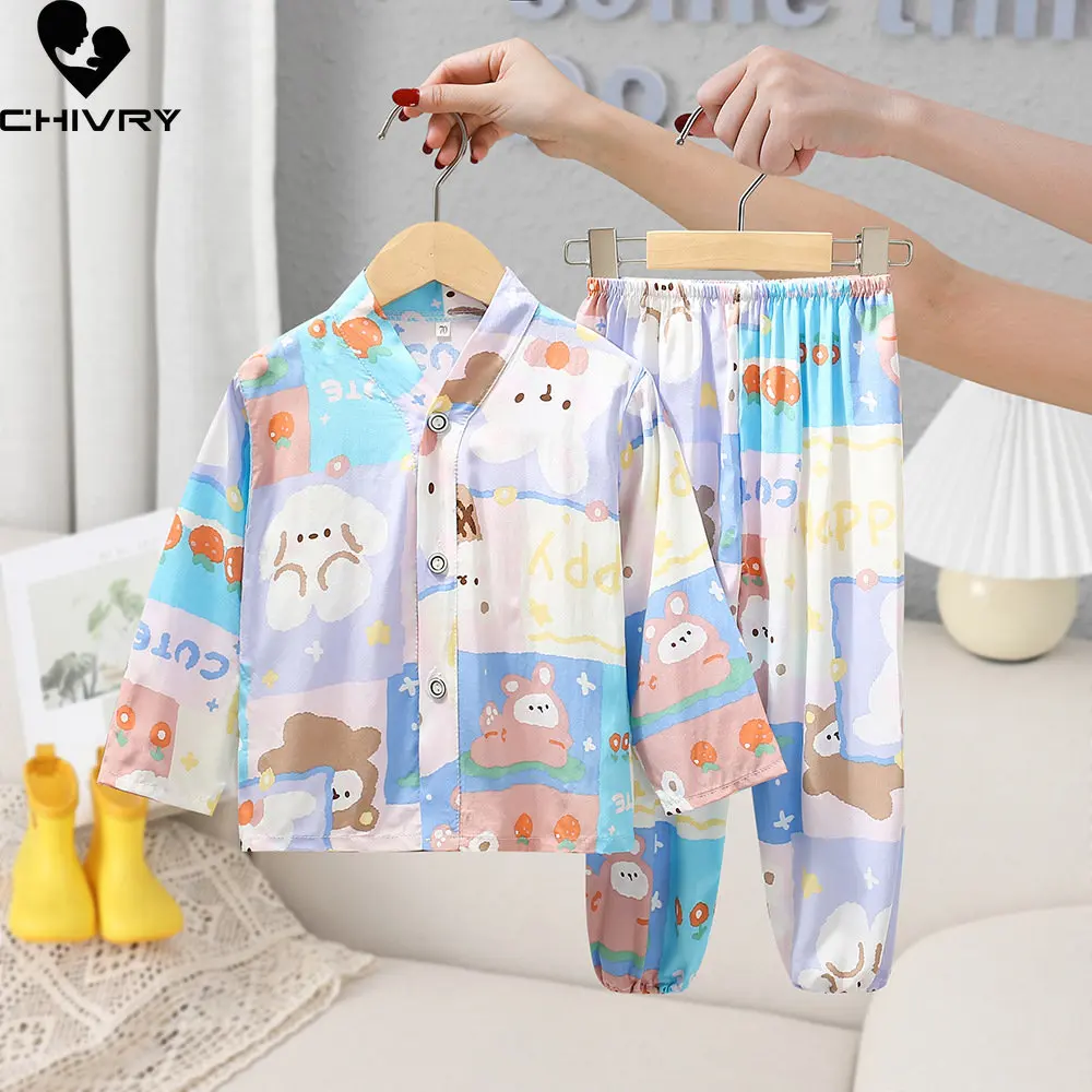 New 2023 Kids Boys Girls Pajamas Fashion Cartoon Print Long Sleeve Shirt Tops with Pants Baby Summer Casual Sleepwear Homewear