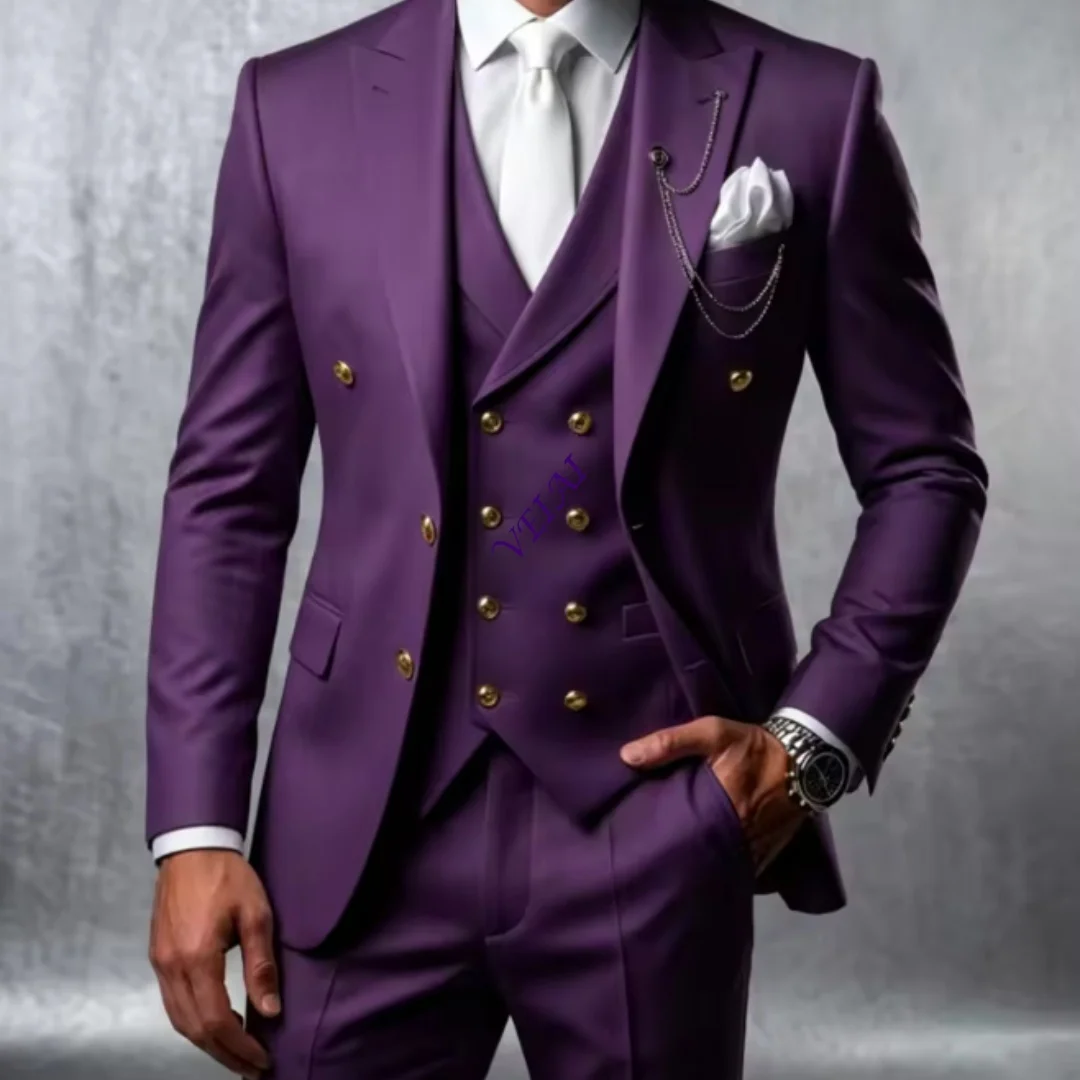 Customized Breasted 3 Pieces Groom Suit for Men Wedding Tuxedo with Gold Buttons Slim Fit Blazer Vest Pants Party Banquet Luxury