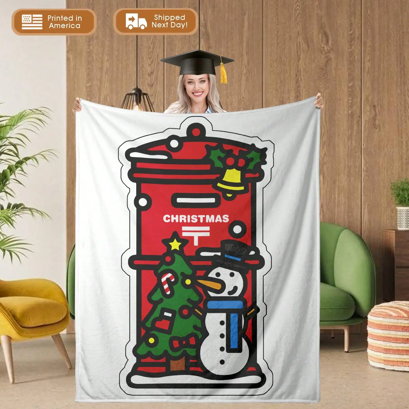 

Hristmas Mailbox Flannel Throw Blanket Festive Holiday Design Red Post Box Snowman Christmas Tree Decorations Soft Cozy Warm
