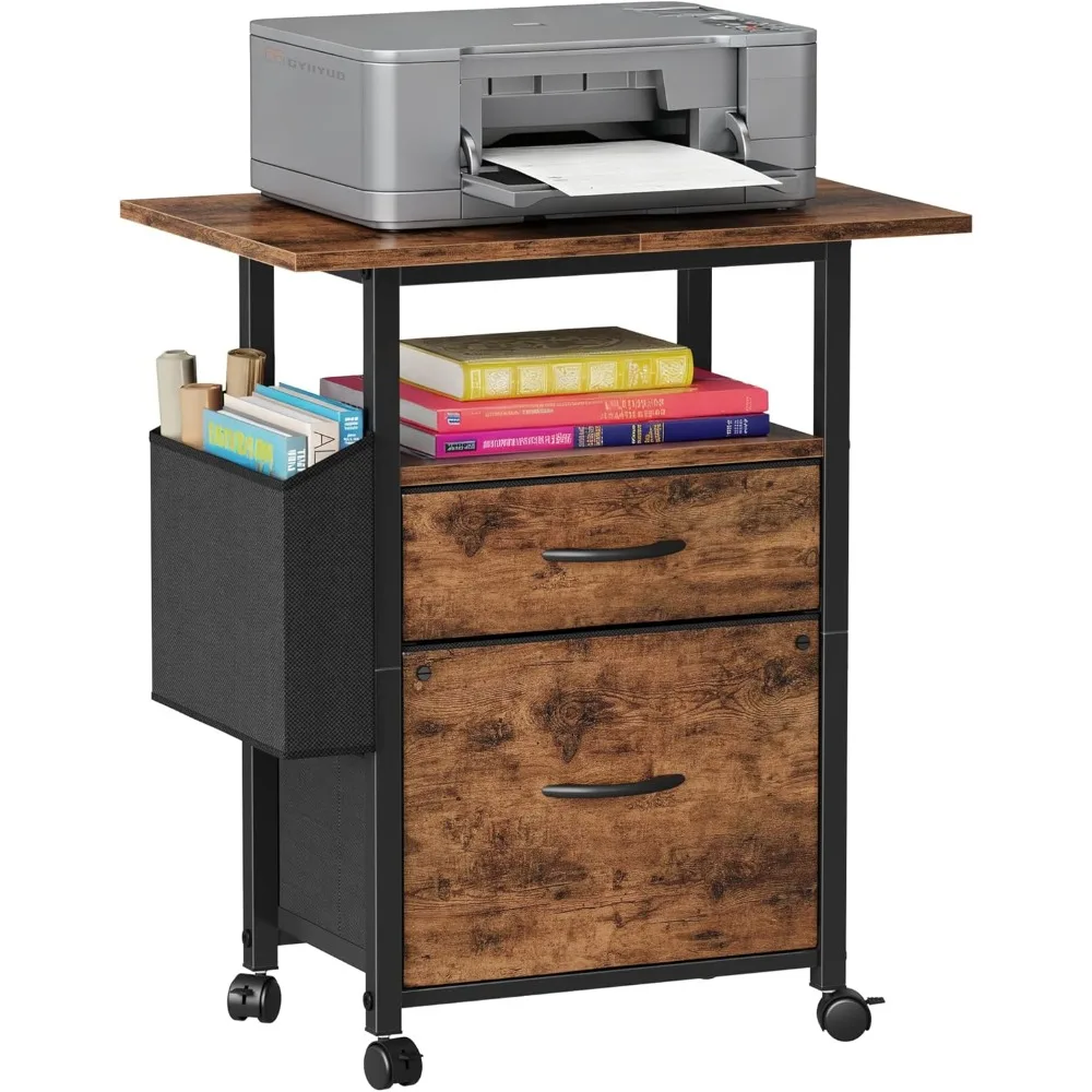 

Mobile Rolling File Cabinet 2 Drawers with Extended Desktop Side Bag Fabric Storage for Home Office Light Brown
