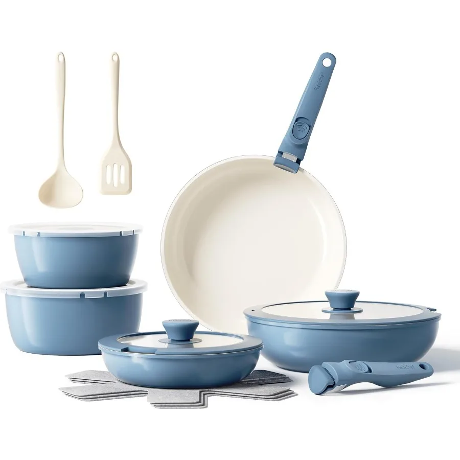 

16pcs Ceramic Nonstick Pots and Pans Set for Kitchen Cooking with Removable Handles Non-Toxic Cookware Set Free from PFAS PFOA