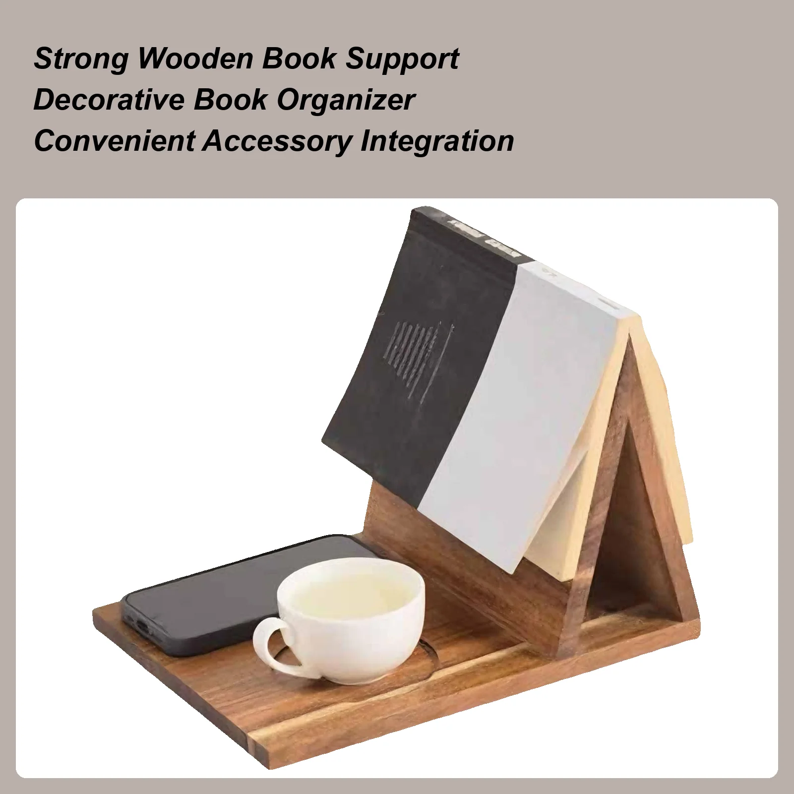 Wooden Bookshelf With Coaster Triangle Book Holder With Cup Phone Slot Reading Valet Bedside Book Holder Home Decor