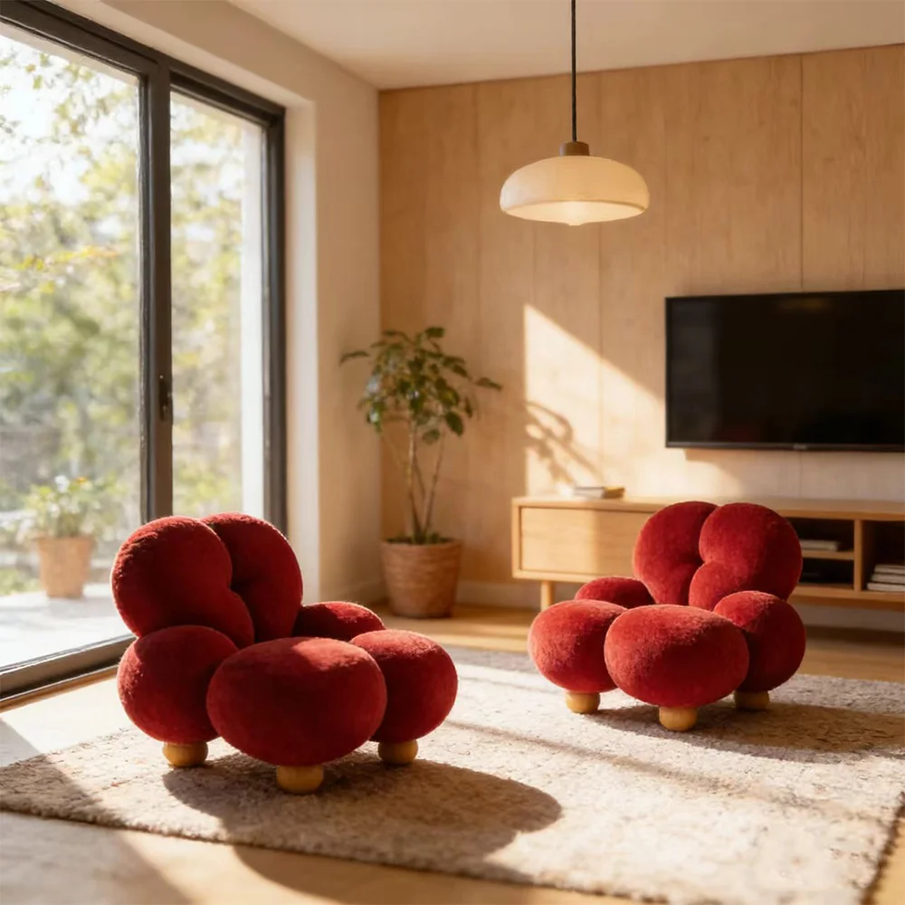 klCreative Red Sphere Velvet Accent Chair Unique Round Puffy Single Sofa Designer Art Seating Piece for Villa Hotel Lobby！