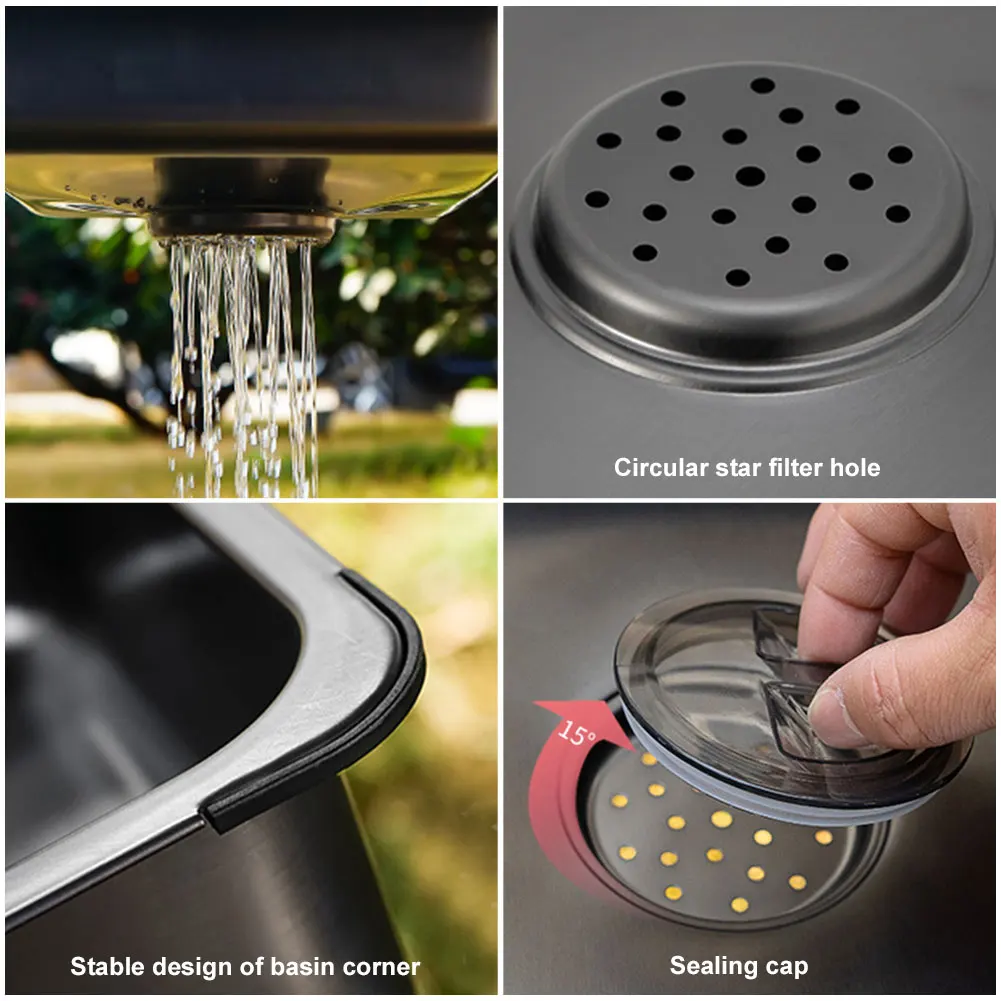 

Stainless Steel Drain Basket with Lid Camping Table Basket Leak Proof Dishwashing Drain Basket Desktop Side Expansion Rack