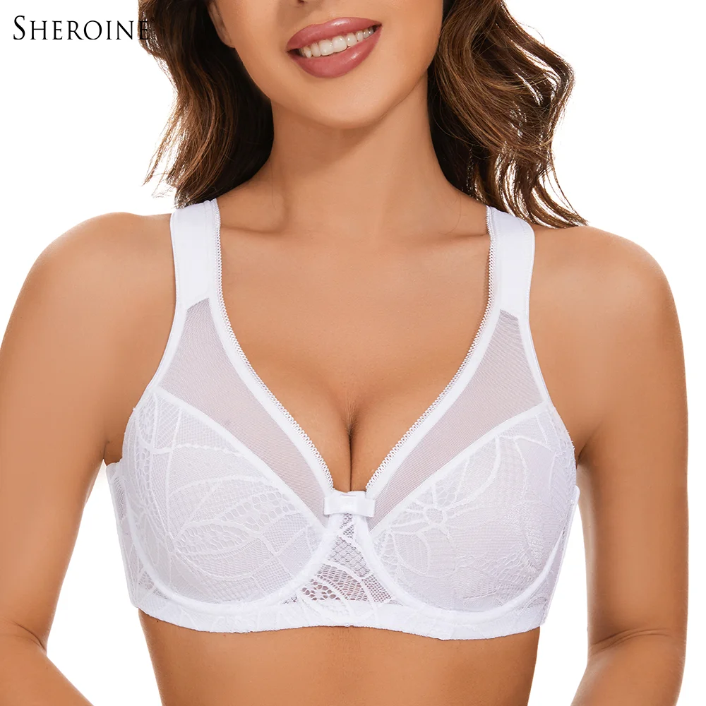 

Sheroine Plus Size Underwire Bra, Lace Floral Minimizer Full Coverage Unpadded Bras for Women Lifting Support Comfort